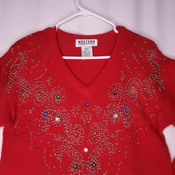 Western Connections Sweater Festive V-Neck Red With Beads Rhinestones Small - Picture 2 of 9